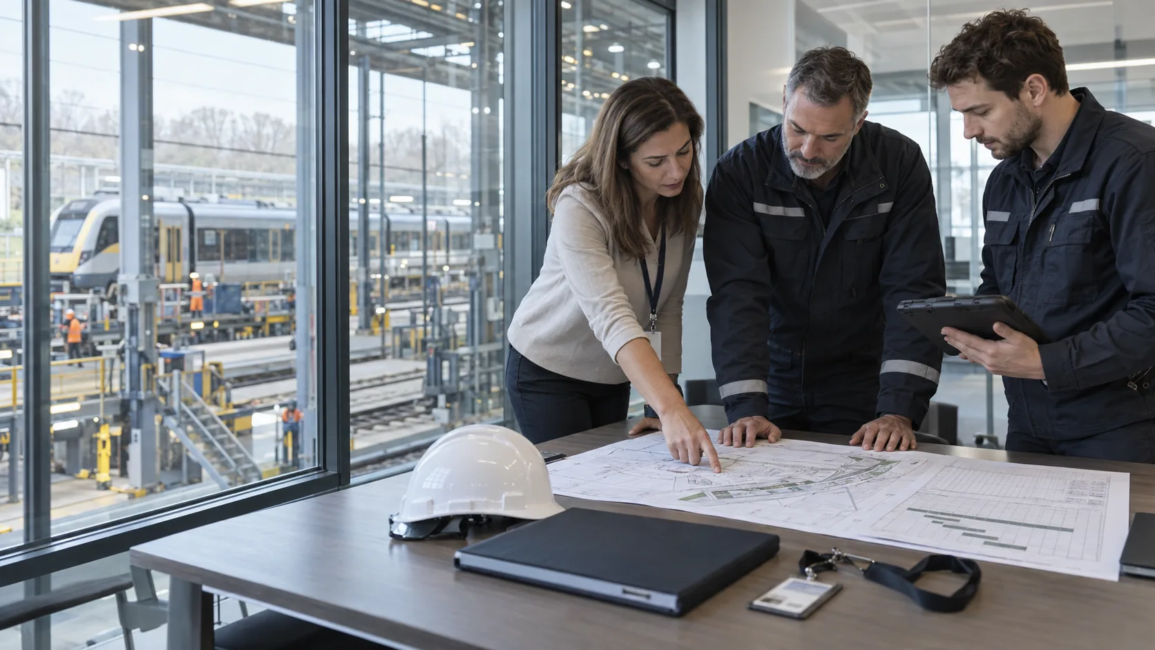 One female and two male professionals reviewing engineering drawings