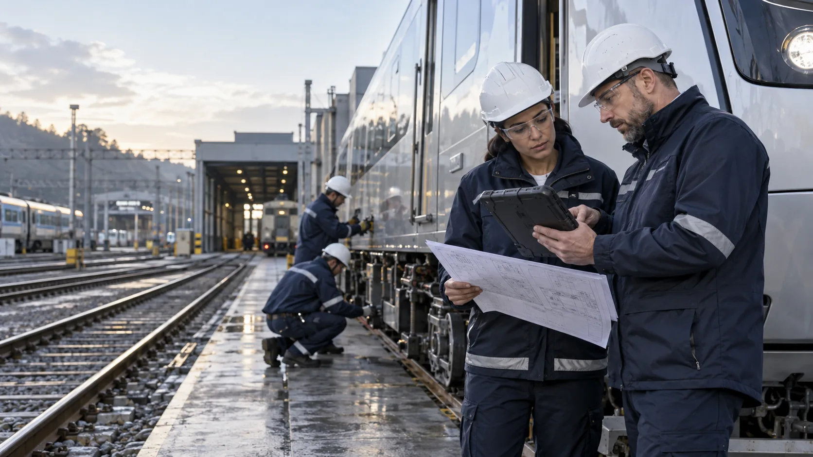 Two engineering professionals reviewing technical drawings in front of a train